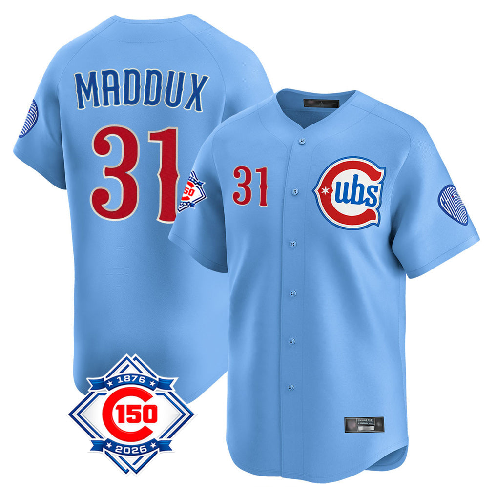 Trusc C.Cubs #31 Greg Maddux Player Light Blue 150th Anniversary Limited Home Stitched Jerseys