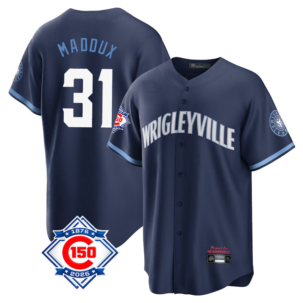 Trusc C.Cubs #31 Greg Maddux Player Navy 150th Anniversary City Connect Home Game Stitched Jerseys
