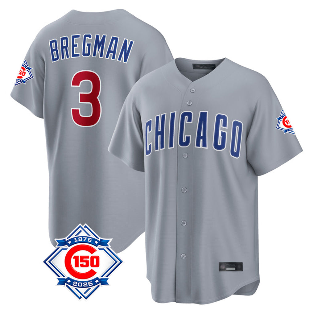 Trusc C.Cubs #3 Alex Bregman Gray 150th Anniversary Home Game Stitched Jerseys