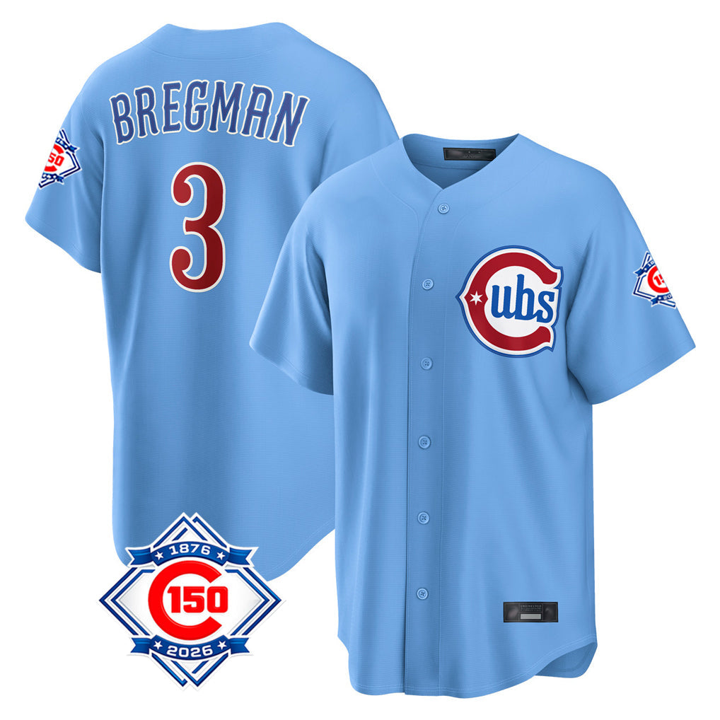 Trusc C.Cubs #3 Alex Bregman Light Blue 150th Anniversary Home Game Stitched Jerseys