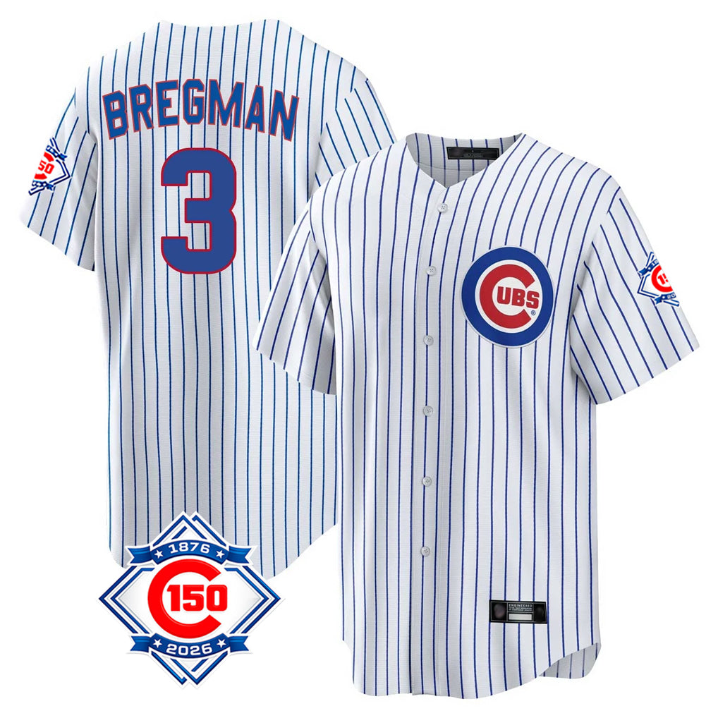 Trusc C.Cubs #3 Alex Bregman White 150th Anniversary Home Game Stitched Jerseys