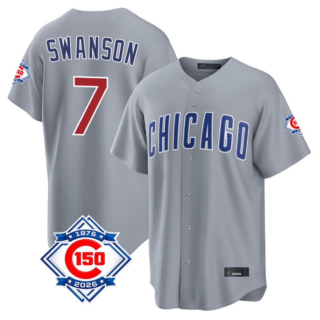 Trusc C.Cubs #7 Dansby Swanson Player Gray 150th Anniversary Home Game Stitched Jerseys
