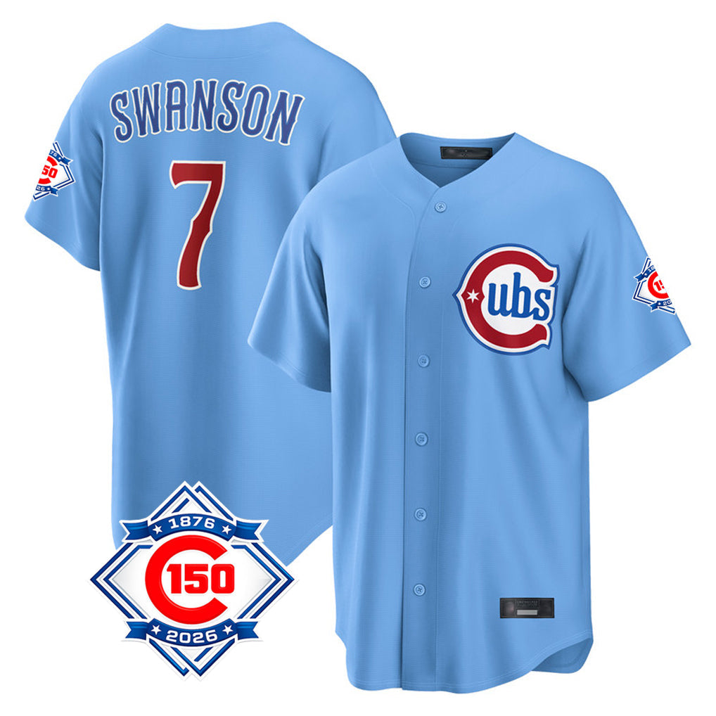 Trusc C.Cubs #7 Dansby Swanson Player Light Blue 150th Anniversary Home Game Stitched Jerseys