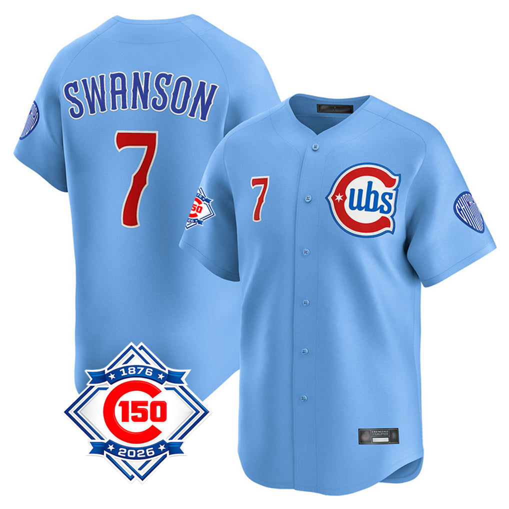 Trusc C.Cubs #7 Dansby Swanson Player Light Blue 150th Anniversary Limited Home Stitched Jerseys