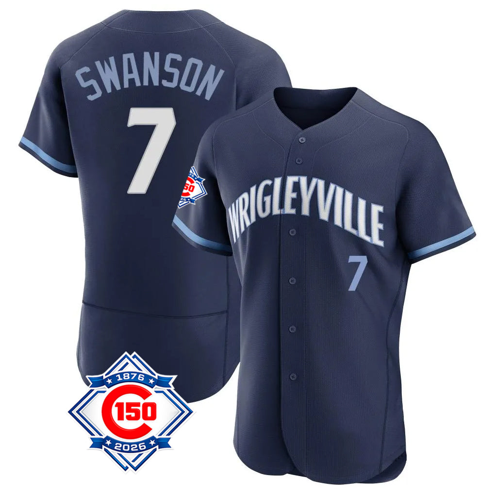 Trusc C.Cubs #7 Dansby Swanson Player Navy City Connect 150th Anniversary Limited Elite Home Stitched Jerseys