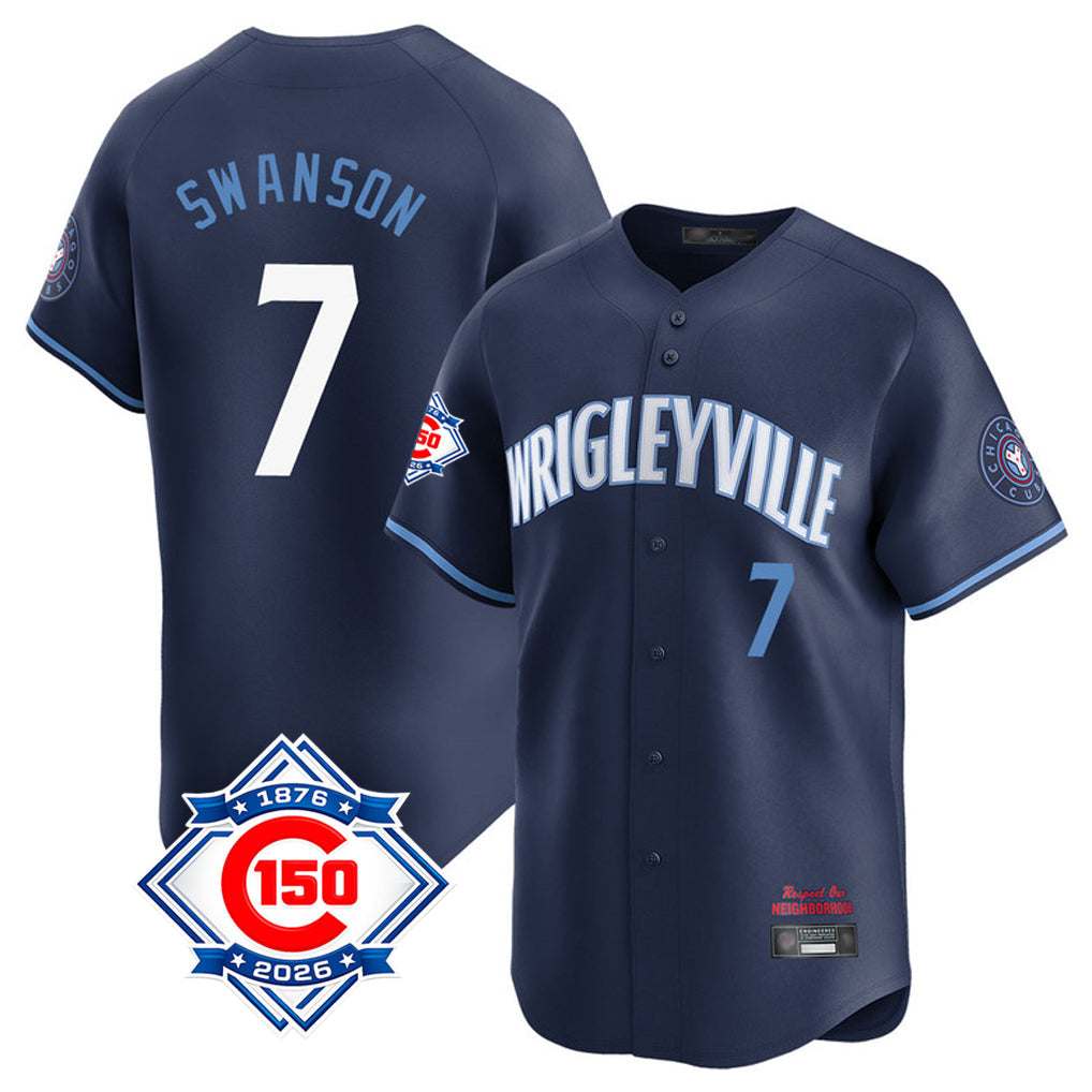 Trusc C.Cubs #7 Dansby Swanson Player Navy City Connect 150th Anniversary Limited Home Stitched Jerseys