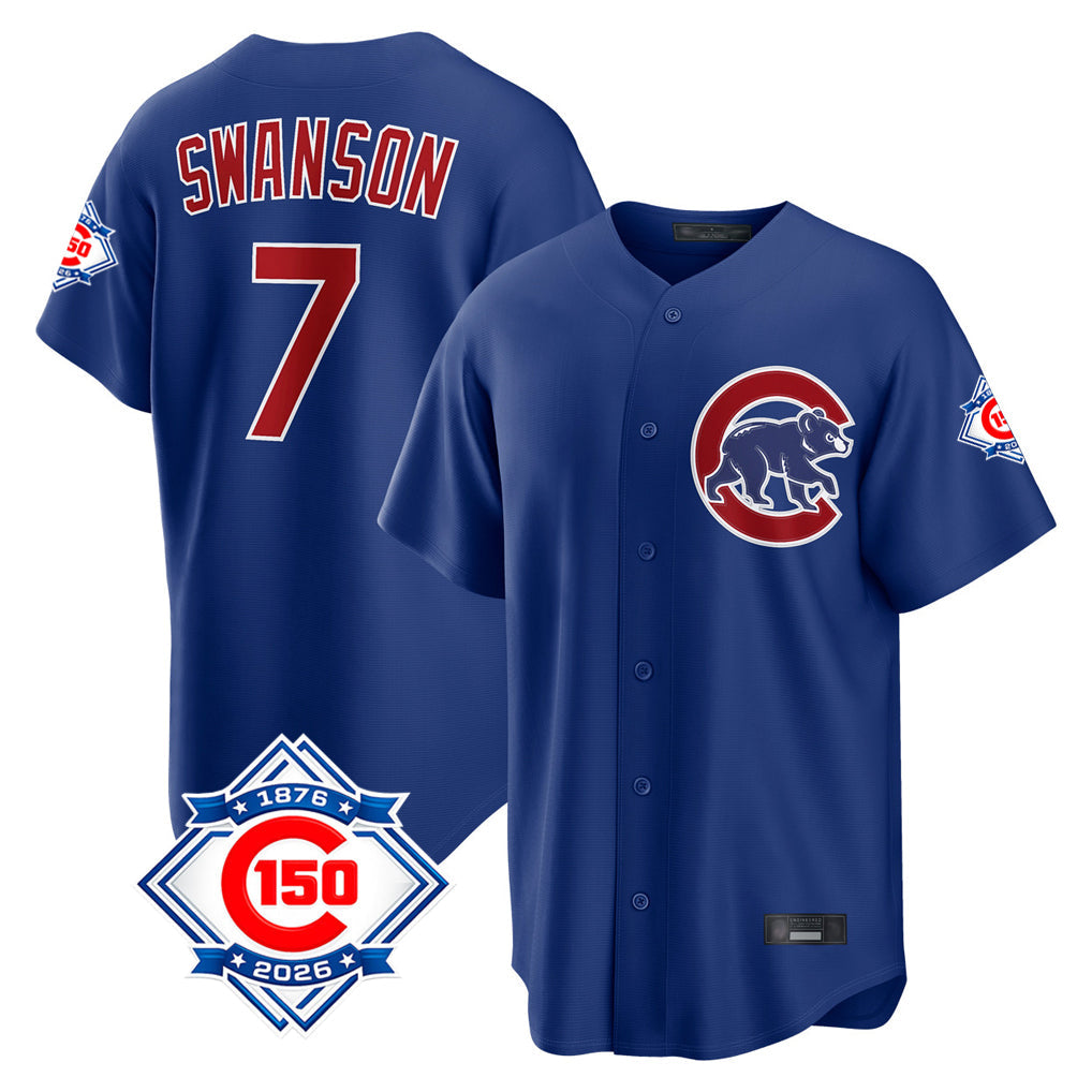 Trusc C.Cubs #7 Dansby Swanson Player Royal 150th Anniversary Home Game Stitched Jerseys