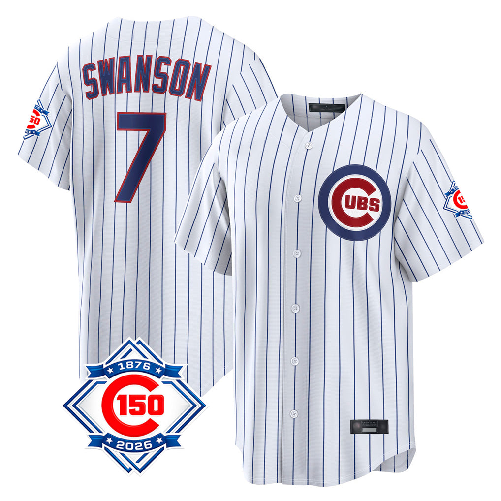 Trusc C.Cubs #7 Dansby Swanson Player White 150th Anniversary Game Home Stitched Jerseys