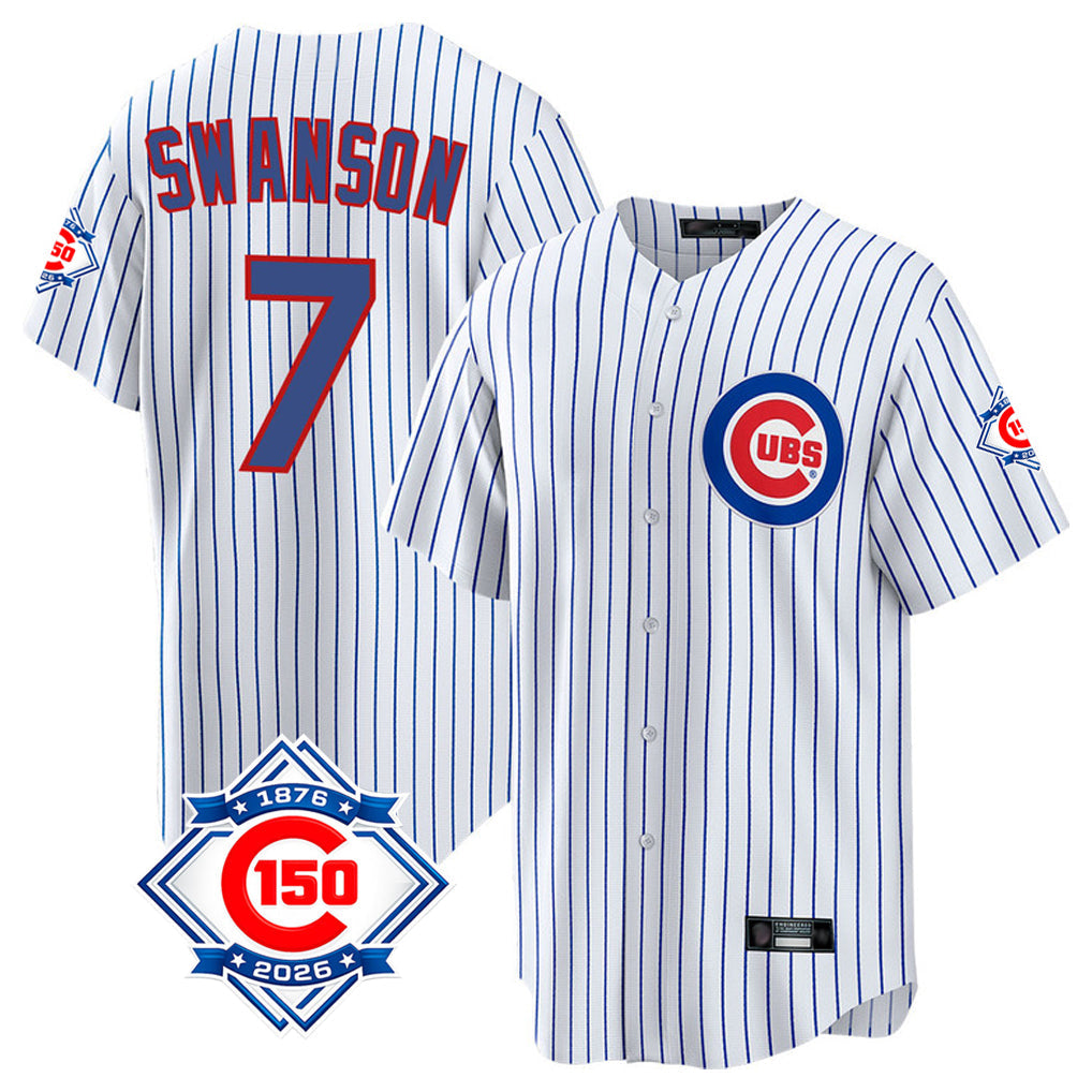 Trusc C.Cubs #7 Dansby Swanson Player White 150th Anniversary Home Game Stitched Jerseys