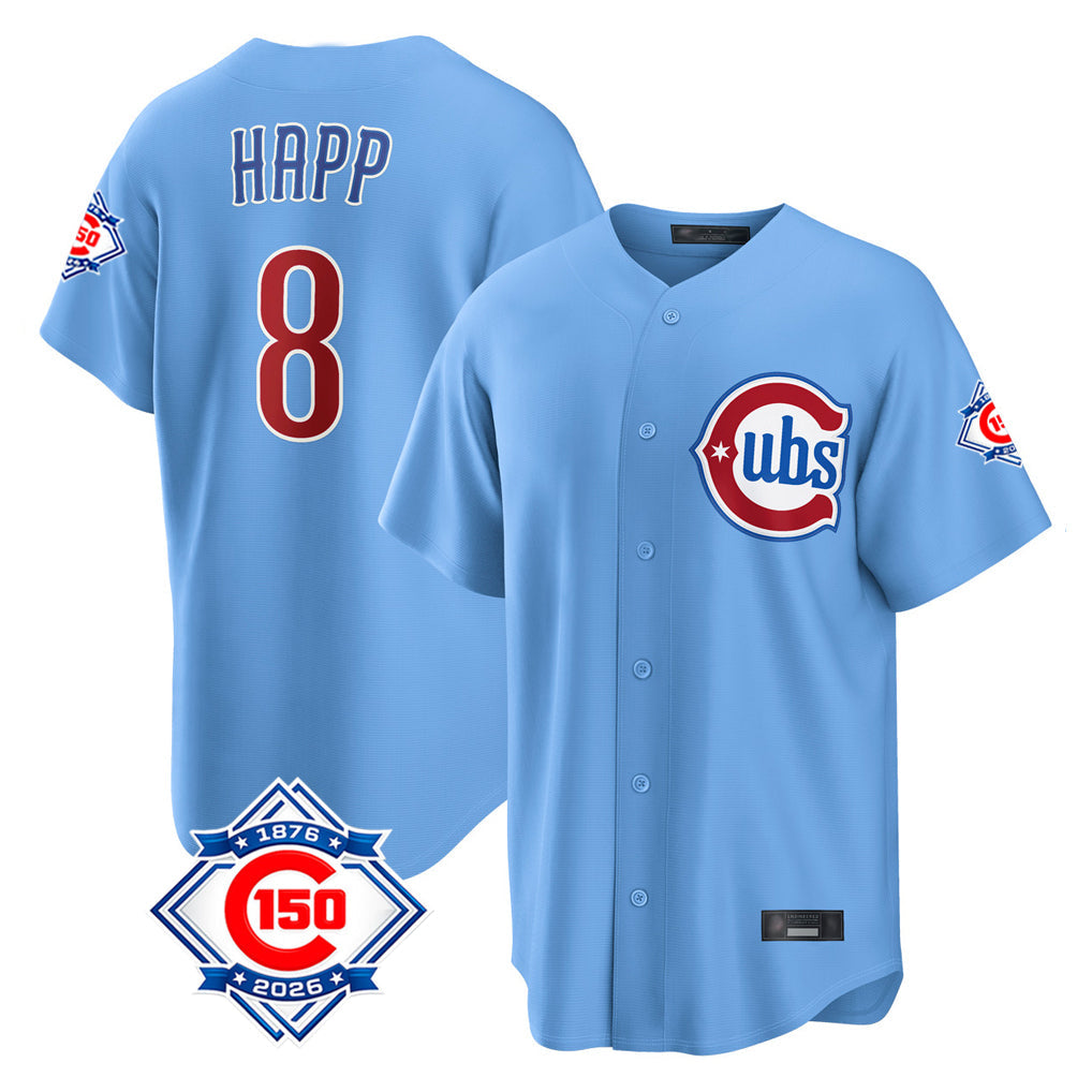 Trusc C.Cubs #8 Ian Happ Player Light Blue 150th Anniversary Home Game Stitched Jerseys