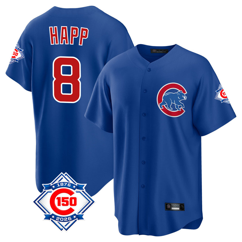 Trusc C.Cubs #8 Ian Happ Player Royal 150th Anniversary Home Game Stitched Jerseys