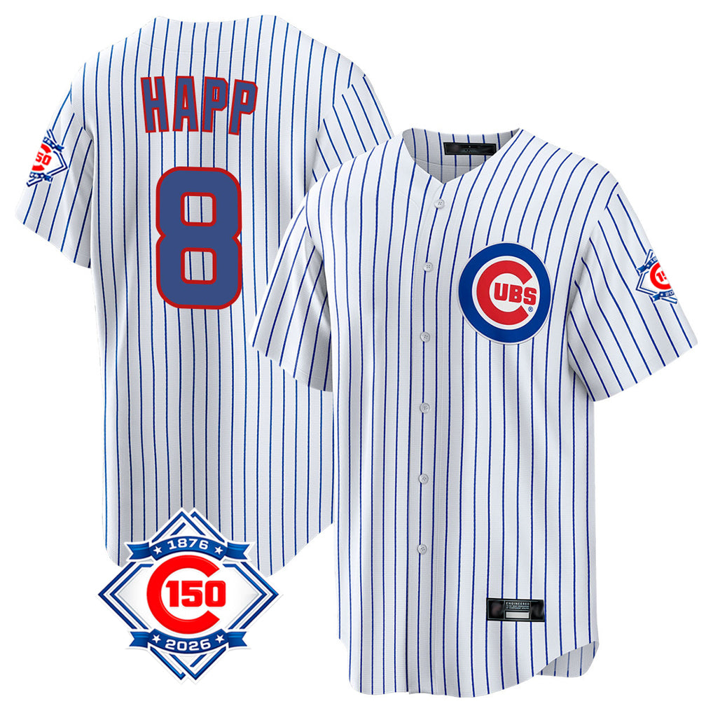 Trusc C.Cubs #8 Ian Happ Player White 150th Anniversary Home Game Stitched Jerseys