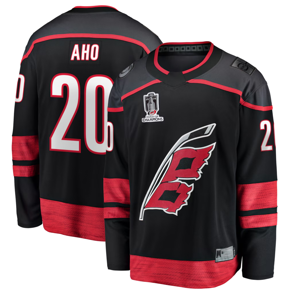 Trusc C.Hurricanes #20 Sebastian Aho Black 2026 Stanley Cup Champions Home Breakaway Stitched Jerseys