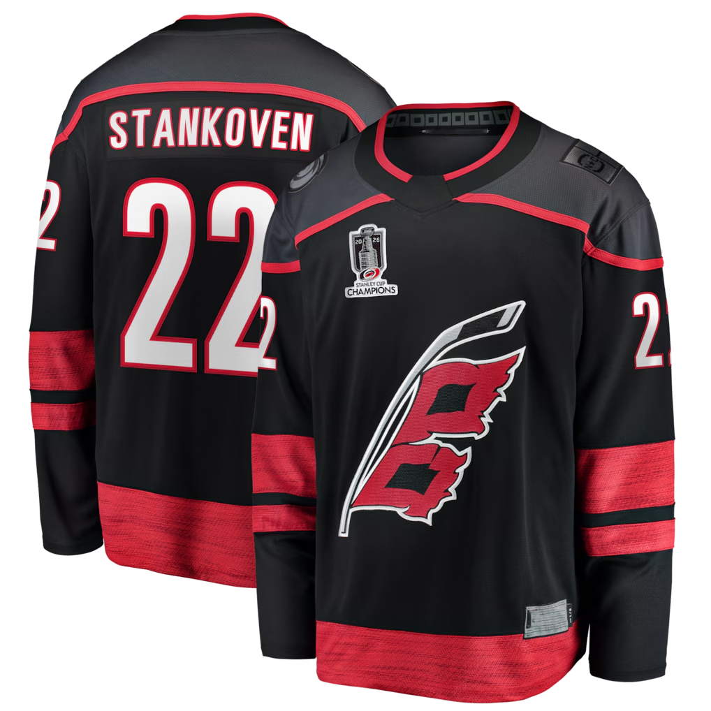 Trusc C.Hurricanes #22 Logan Stankoven Black 2026 Stanley Cup Champions Home Breakaway Stitched Jerseys