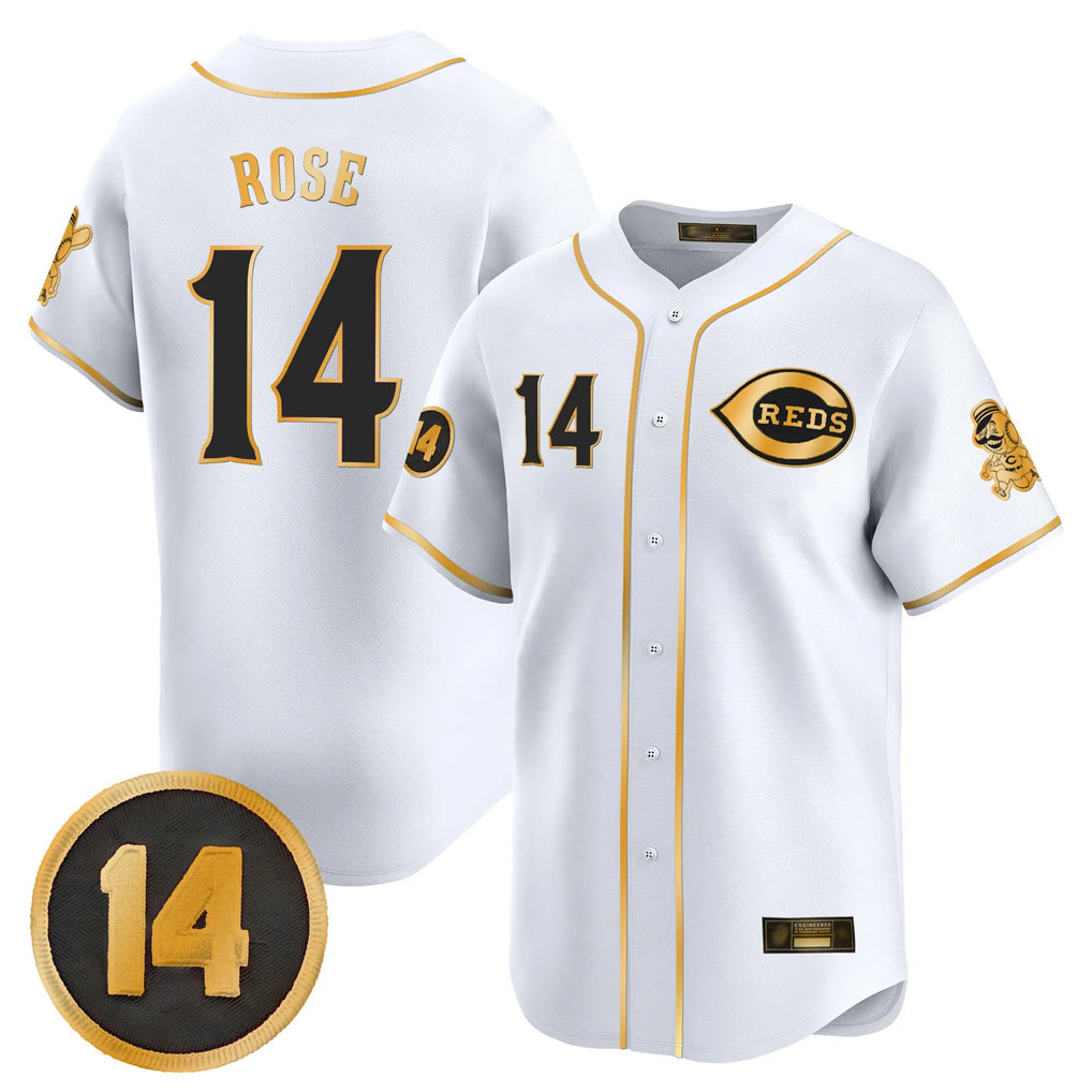 Trusc C.Reds #14 Pete Rose Player White-Gold Vapor Premier Limited Home Stitched Jerseys
