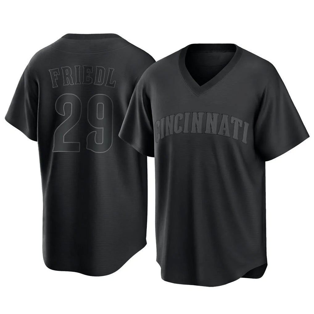 Trusc C.Reds #29 TJ Friedl Player Black T-shirt Game Home Stitched Jerseys