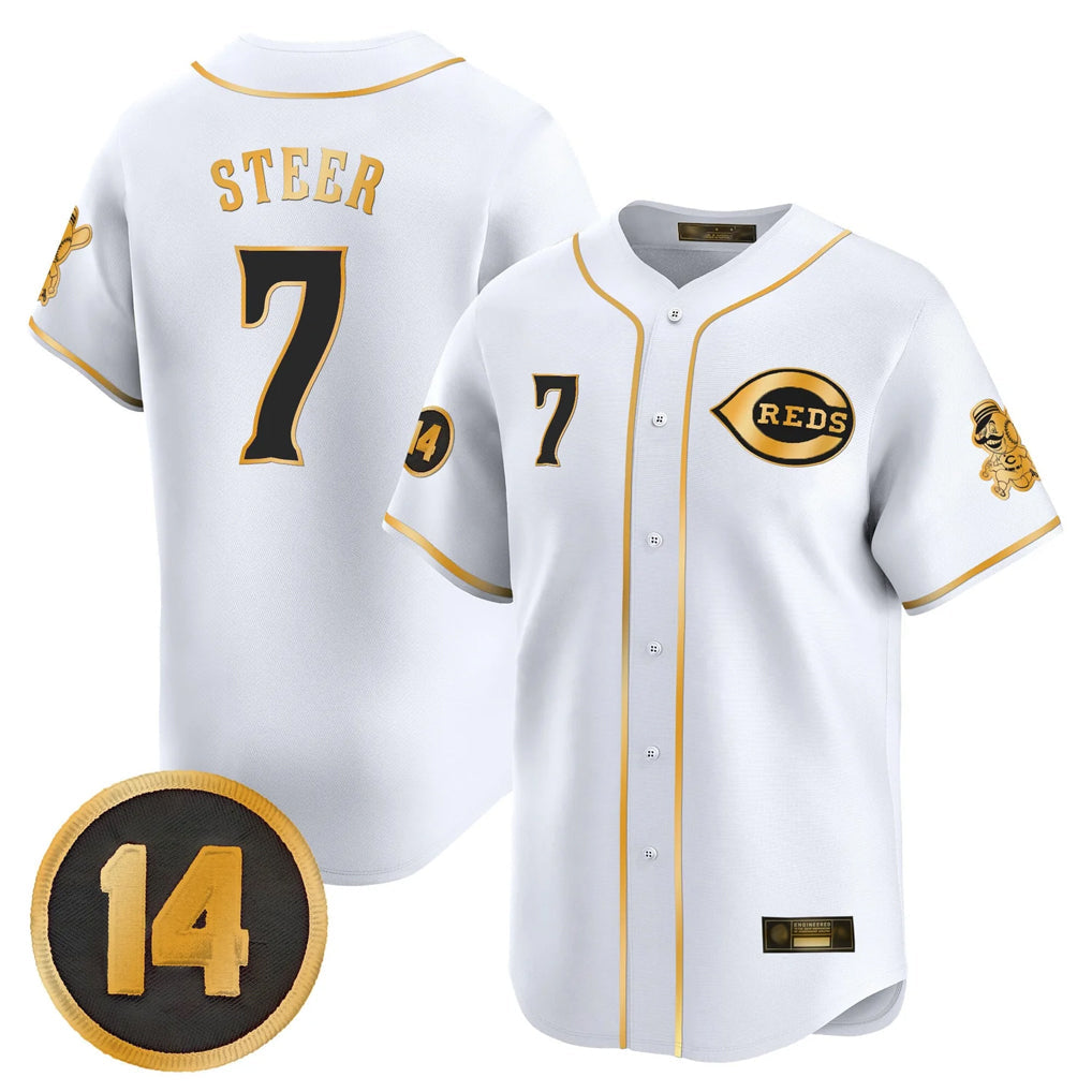 Trusc C.Reds #7 Spencer Steer Player White-Gold Vapor Premier Limited Home Stitched Jerseys
