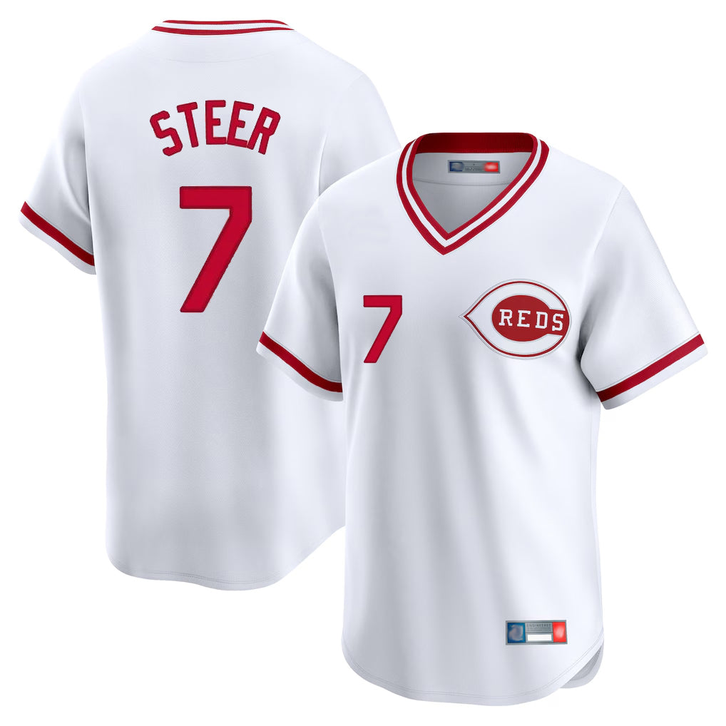 Trusc C.Reds #7 Spencer Steer Player White Cooperstown Collection Limited T-shirt Home Stitched Jerseys