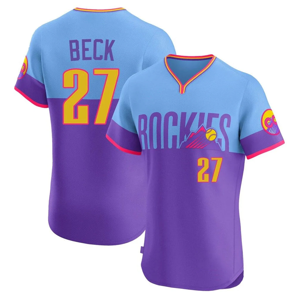 Trusc C.Rockies #27 Jordan Beck Player Purple-Light Blue City Connect Limited Elite Home T-shirt Stitched Jerseys
