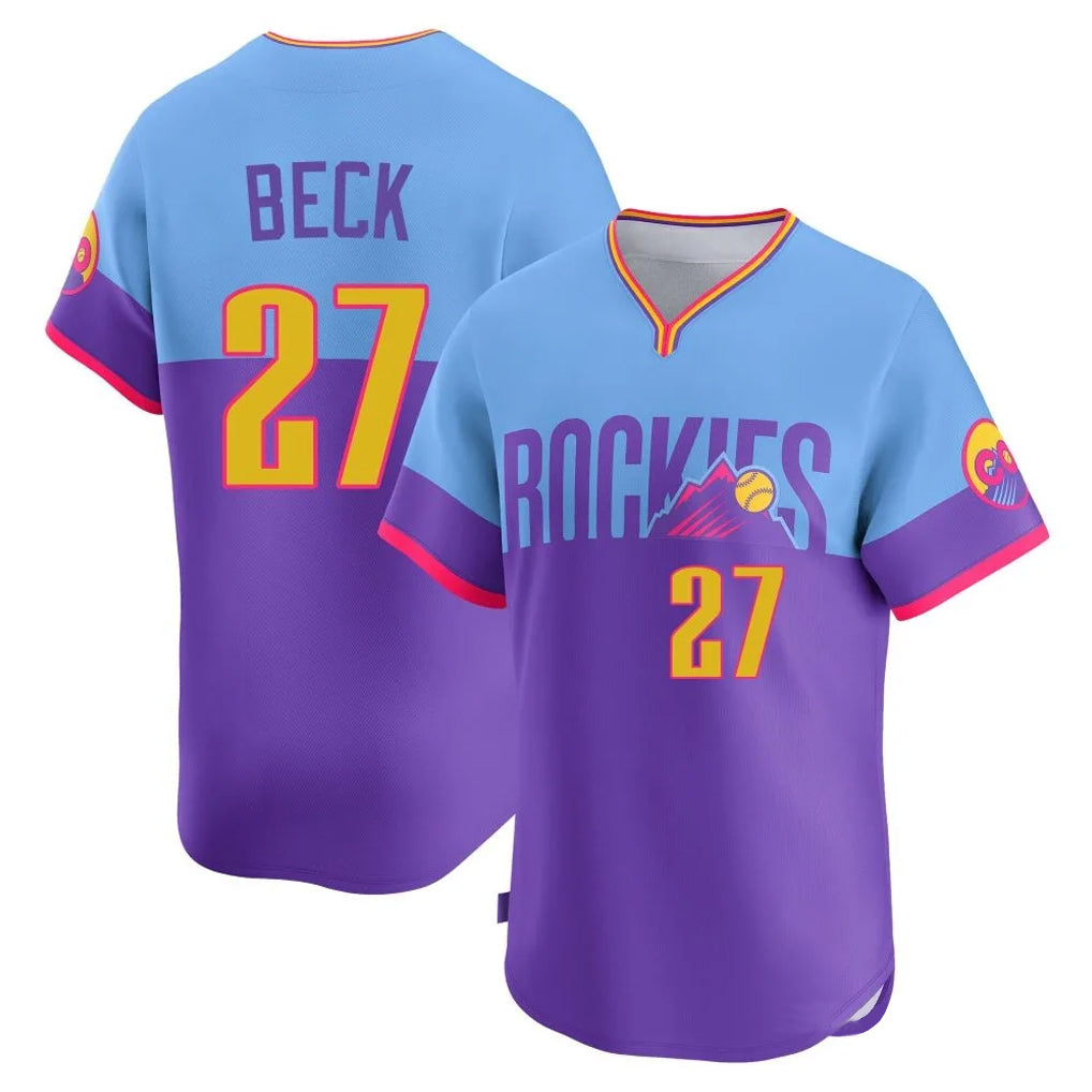 Trusc C.Rockies #27 Jordan Beck Player Purple-Light Blue City Connect Limited Home T-shirt Stitched Jerseys