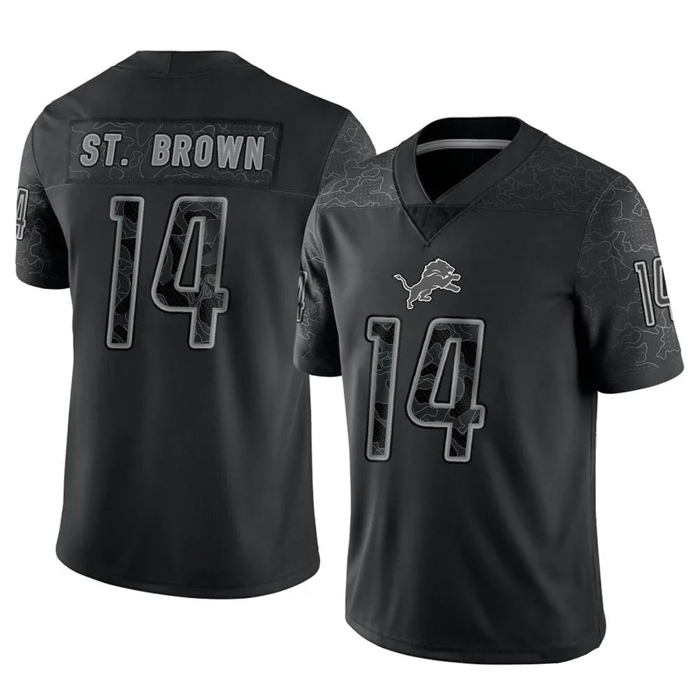 Trusc D.Lions #14 Amon-Ra St. Brown Player Black REFLECTIVE Limited Stitched Jerseys
