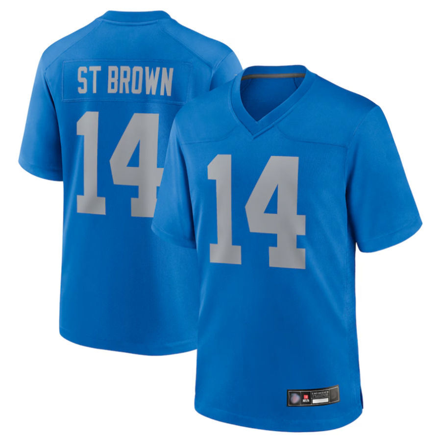Trusc D.Lions #14 Amon-Ra St. Brown Player Blue Game Replica Stitched Jerseys