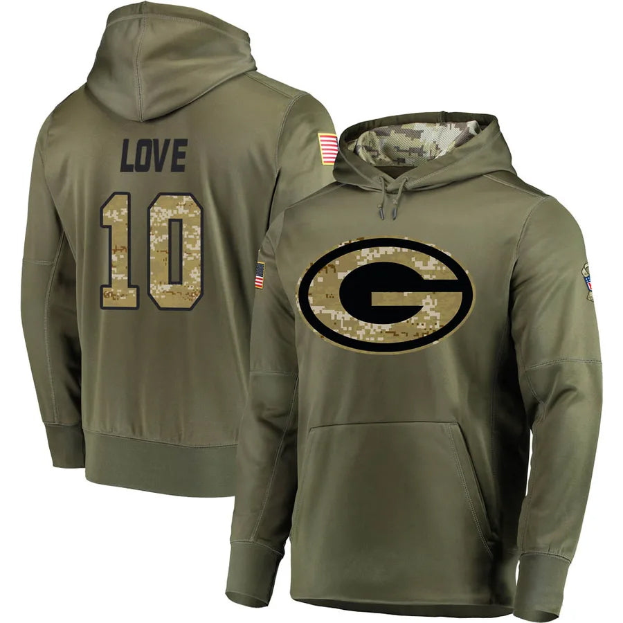 Trusc GB.Packers #10 Jordan Love Player Olive Salute to Service Pullover Hoodie Game Stitched Jerseys