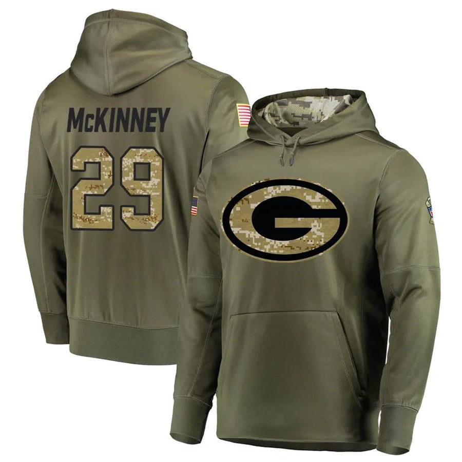 Trusc GB.Packers #29 Xavier McKinney Player Olive Salute to Service Pullover Hoodie Game Stitched Jerseys