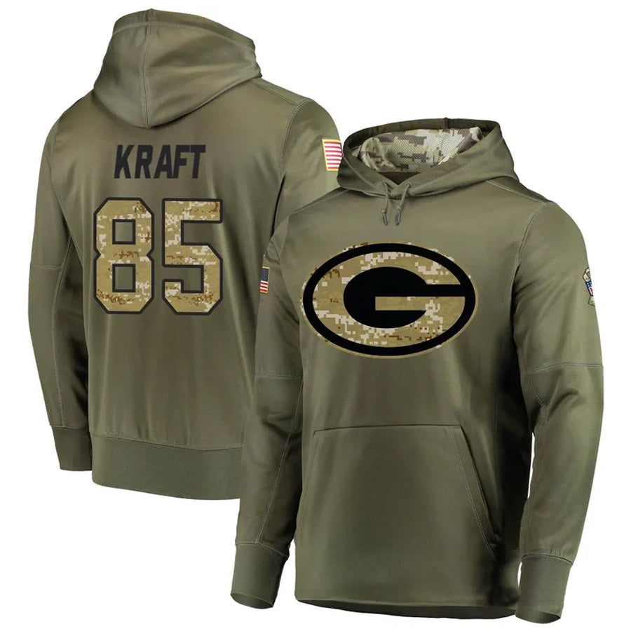 Trusc GB.Packers #85 Tucker Kraft Player Olive Salute to Service Pullover Hoodie Game Stitched Jerseys