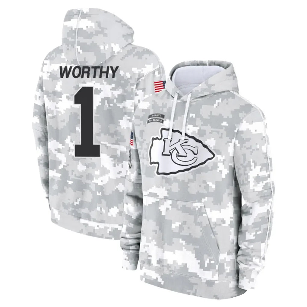 Trusc KC.Chiefs #1 Xavier Worthy Player Arctic Camo Salute to Service Hoodies Stitched Jerseys