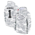 Trusc KC.Chiefs #1 Xavier Worthy Player Arctic Camo Salute to Service Hoodies Stitched Jerseys