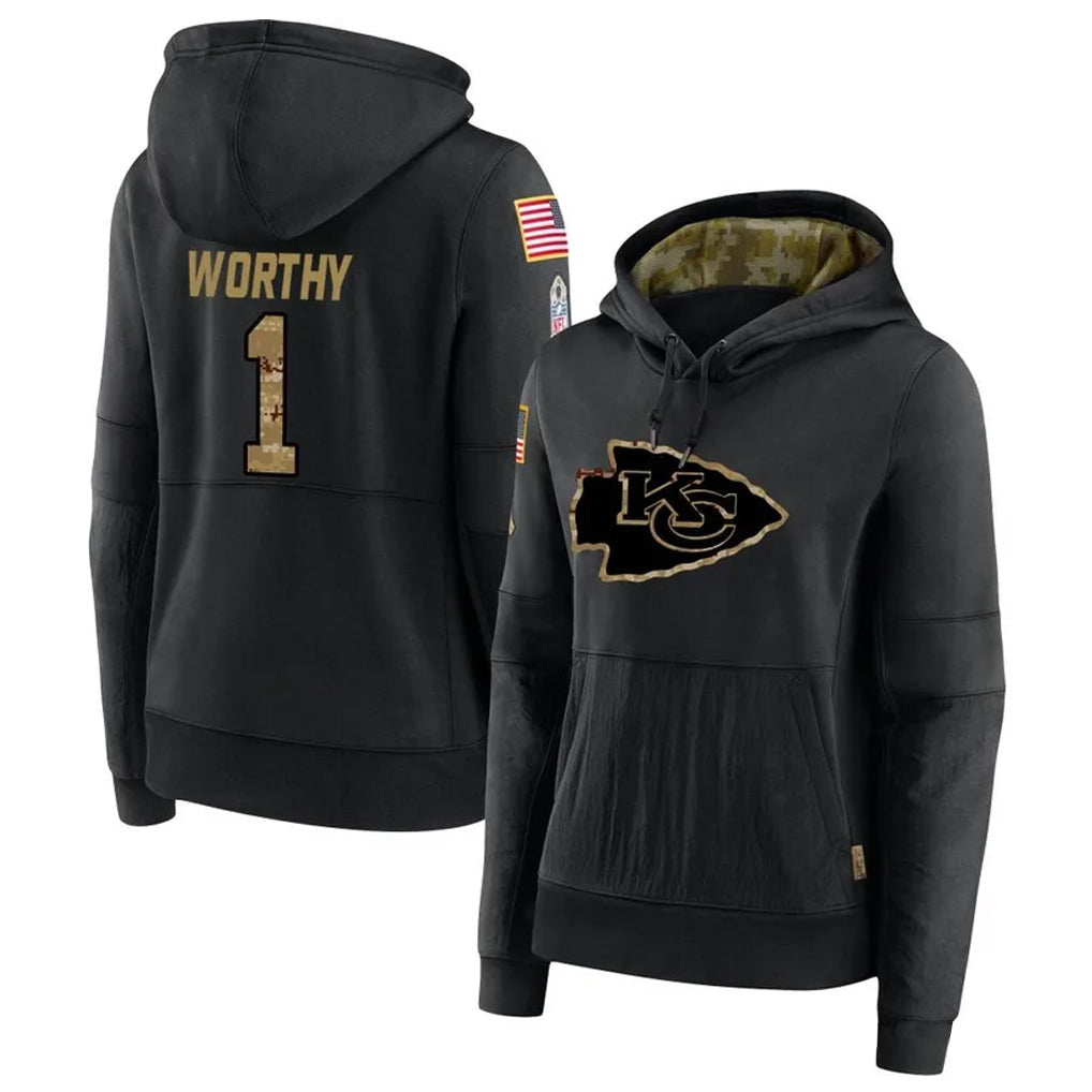 Trusc KC.Chiefs #1 Xavier Worthy Player Black Salute to Service Hoodies Stitched Jerseys