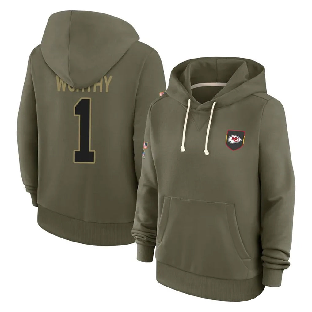 Trusc KC.Chiefs #1 Xavier Worthy Player Olive Salute to Service Hoodies Stitched Jerseys