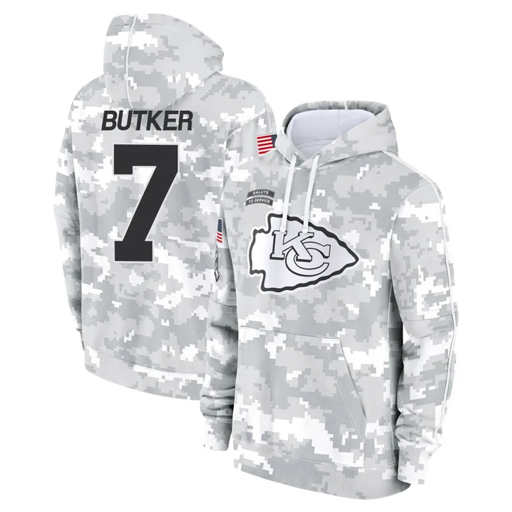 Trusc KC.Chiefs #7 Harrison Butker Player Arctic Camo Salute to Service Hoodies Stitched Jerseys