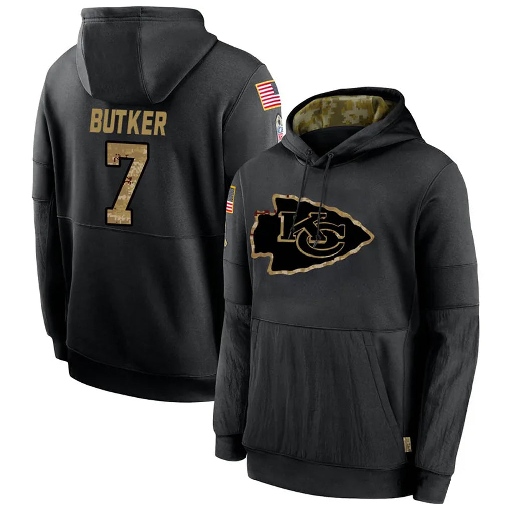 Trusc KC.Chiefs #7 Harrison Butker Player Black Salute to Service Hoodies Stitched Jerseys