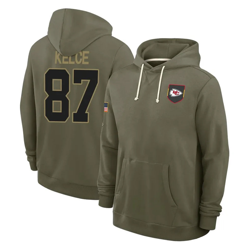 Trusc KC.Chiefs #87 Travis Kelce Player Olive Salute to Service Hoodies Stitched Jerseys