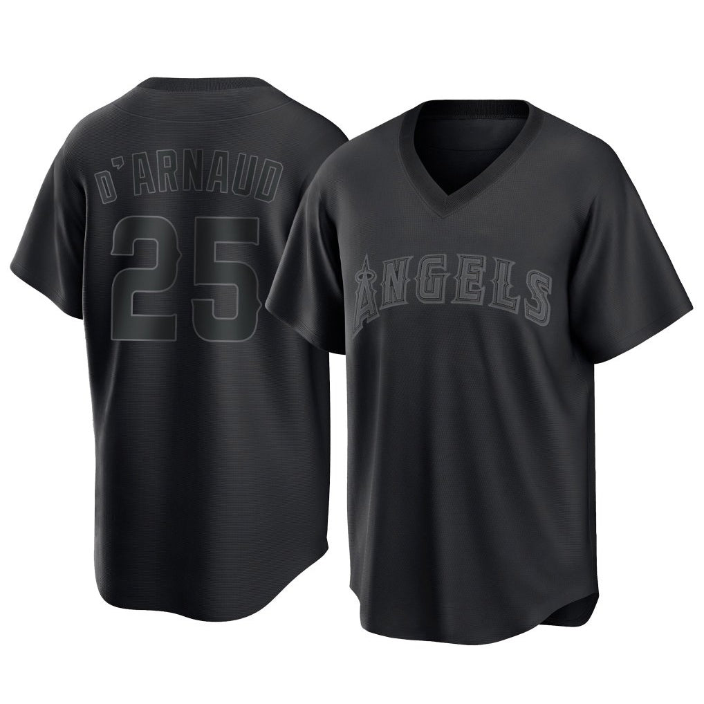 Trusc LA.Angels #25 Travis d'Arnaud Player Black Pitch Fashion T-shirt Stitched Jerseys