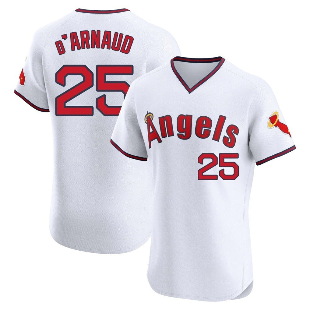 Trusc LA.Angels #25 Travis d'Arnaud Player White T-shirt Home Limited Elite Stitched Jerseys