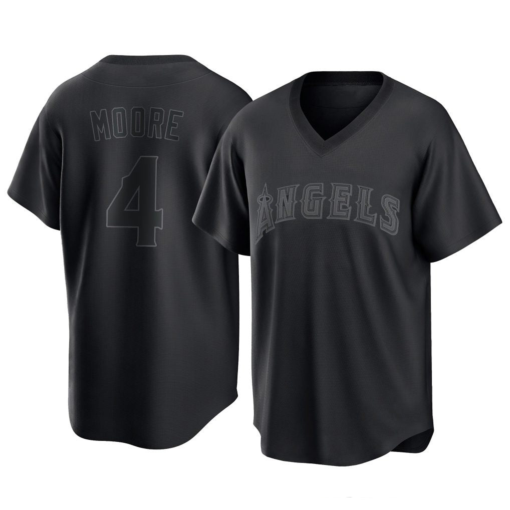 Trusc LA.Angels #4 Christian Moore Player Black Pitch Fashion T-shirt Stitched Jerseys