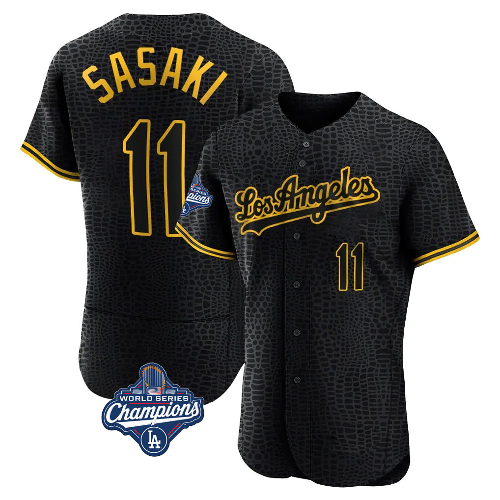 Trusc LA.Dodgers #11 Roki Sasaki Player Black World Series Meet Snake Skin City Limited Elite Home Stitched Jerseys