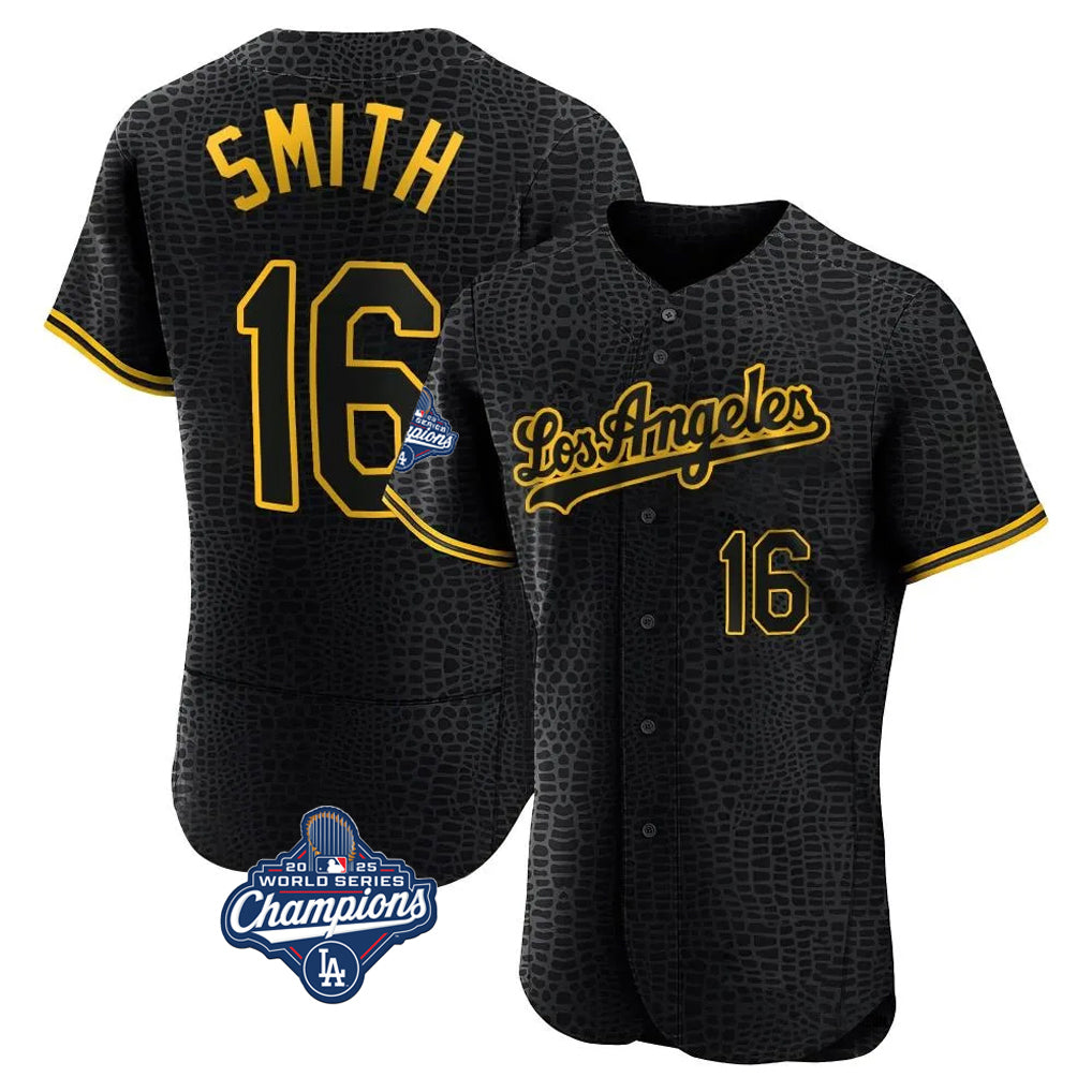 Trusc LA.Dodgers #16 Will Smith Player Black World Series Meet Snake Skin City Limited Elite Home Stitched Jerseys