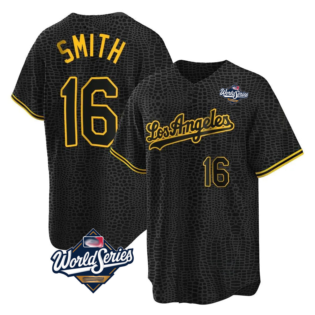 Trusc LA.Dodgers #16 Will Smith Player Black World Series Snake Skin City Game Home Stitched Jerseys