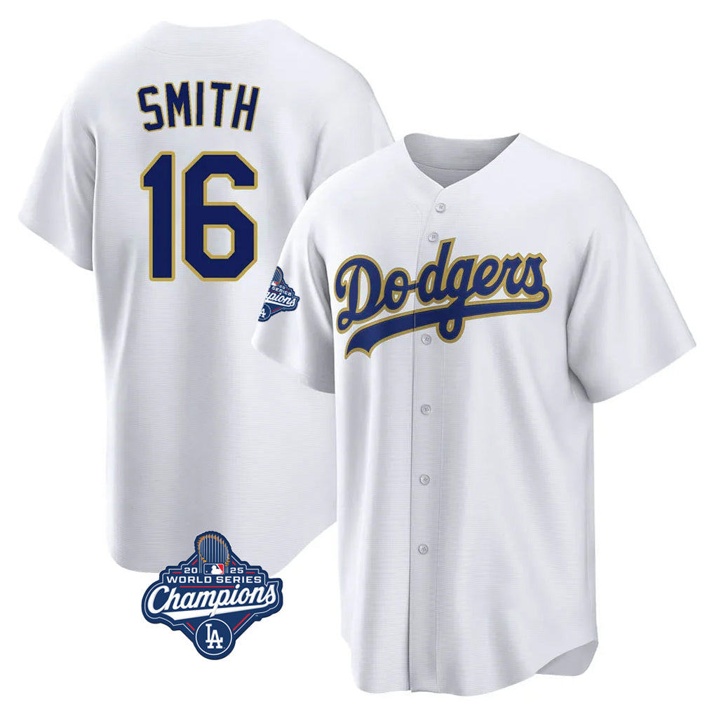 Trusc LA.Dodgers #16 Will Smith Player Gold White World Series Meet 2026 Collection Stadium Game Stitched Jerseys
