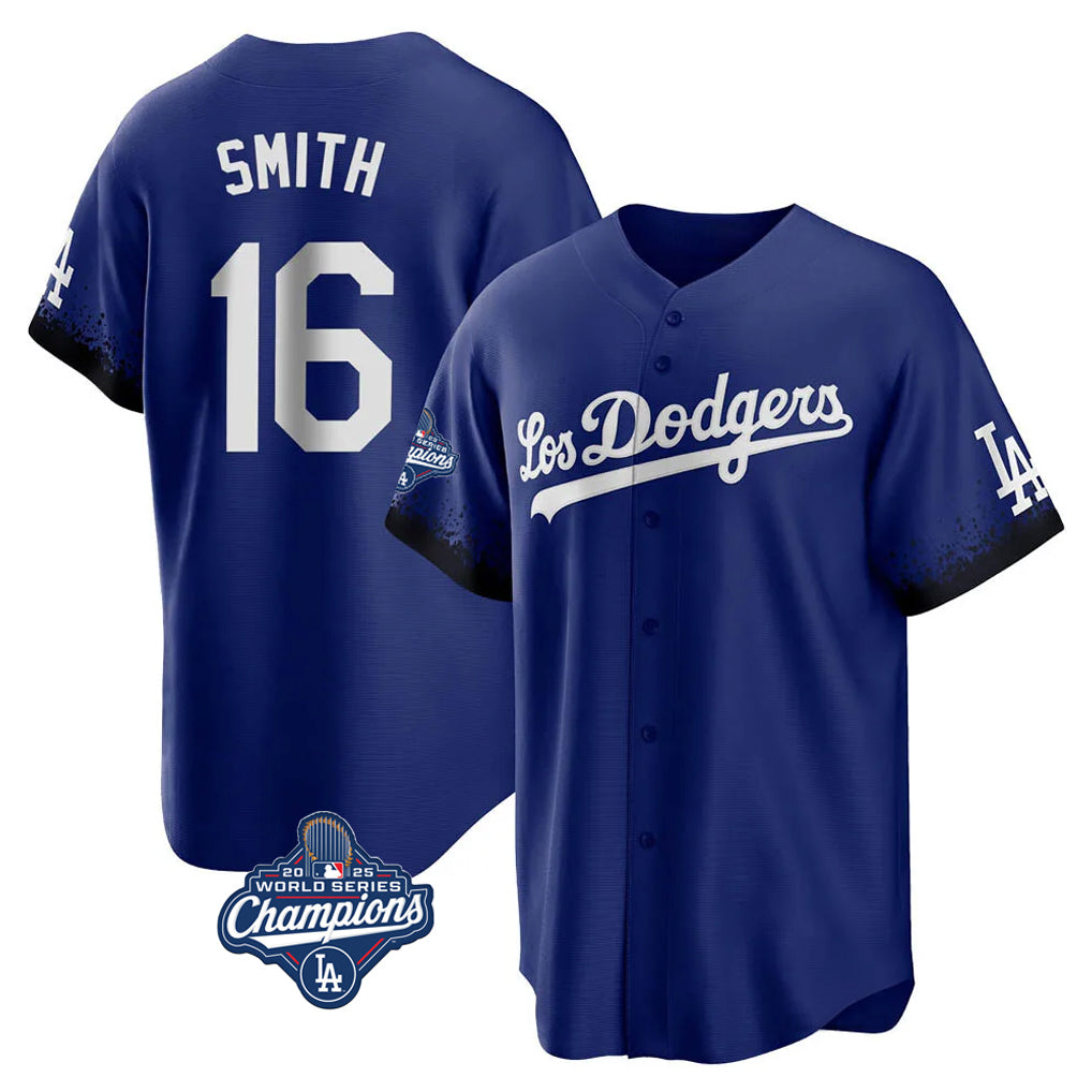 Trusc LA.Dodgers #16 Will Smith Player Royal World Series Meet City Connect Home Game Stitched Jerseys