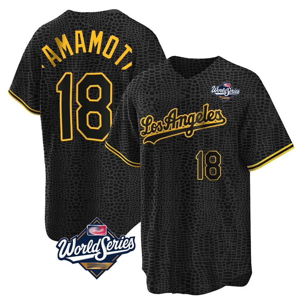 Trusc LA.Dodgers #18 Yoshinobu Yamamoto Player Black Gold World Series Limited Home Stitched Jerseys