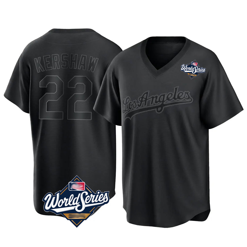 Trusc LA.Dodgers #22 Clayton Kershaw Player Black World Series Pitch Fashion T-shirt Stitched Jerseys