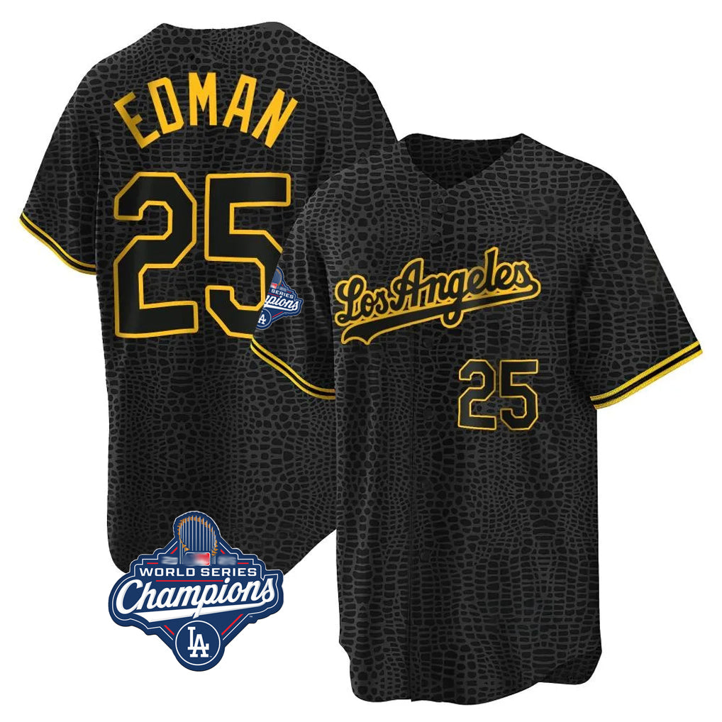 Trusc LA.Dodgers #25 Tommy Edman Player Black World Series Meet Snake Skin City Game Home Stitched Jerseys