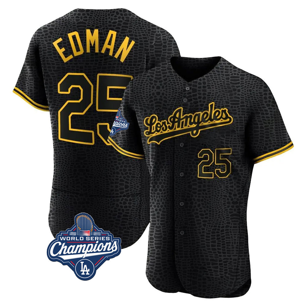 Trusc LA.Dodgers #25 Tommy Edman Player Black World Series Meet Snake Skin City Limited Elite Home Stitched Jerseys