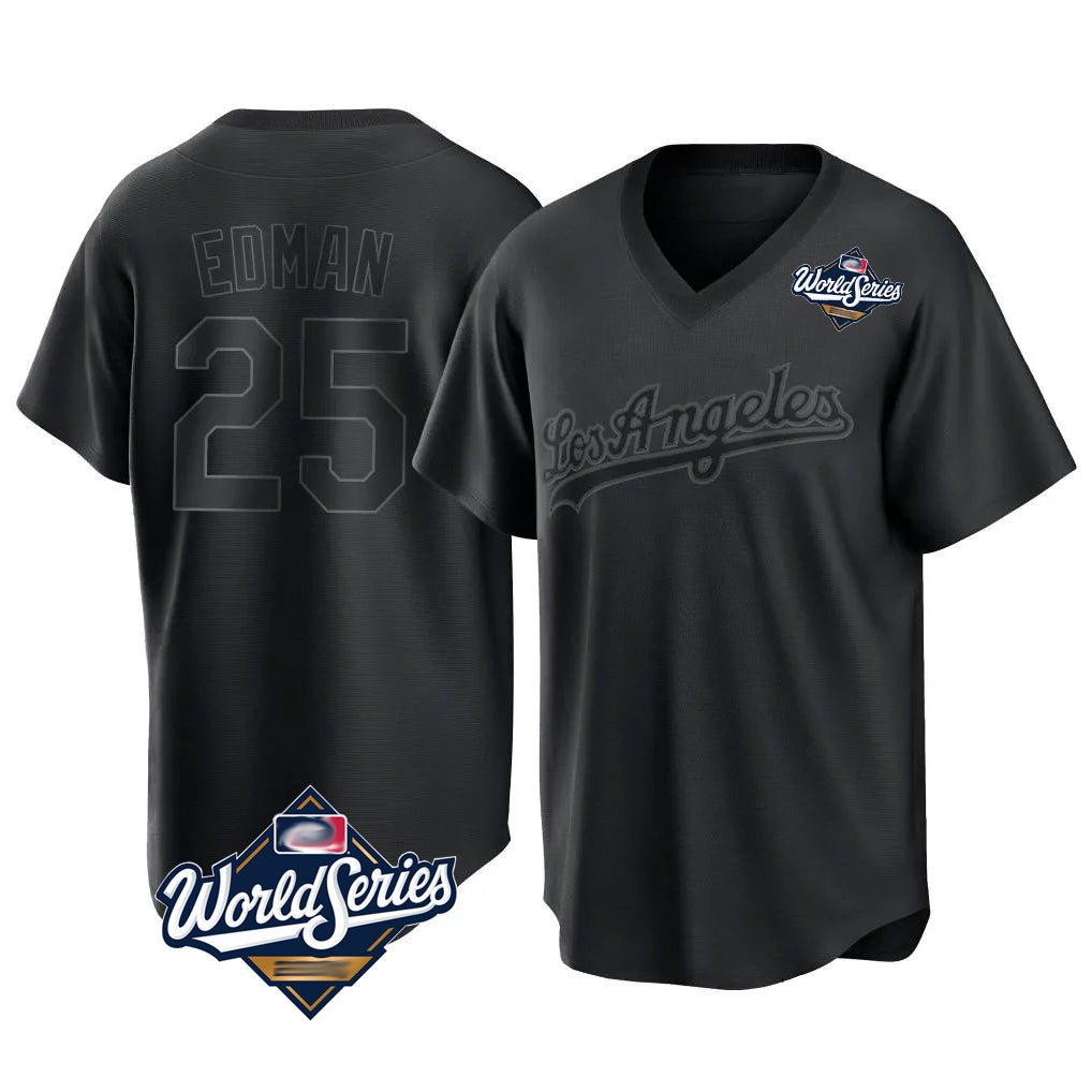 Trusc LA.Dodgers #25 Tommy Edman Player Black World Series Pitch Fashion T-shirt Stitched Jerseys