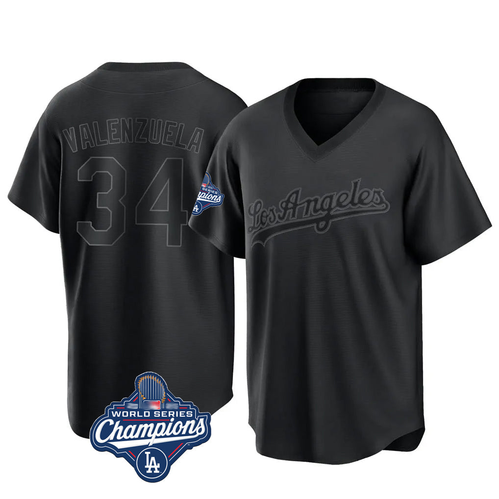 Trusc LA.Dodgers #34 Fernando Valenzuela Player Black World Series Meet Pitch Fashion T-shirt Stitched Jerseys
